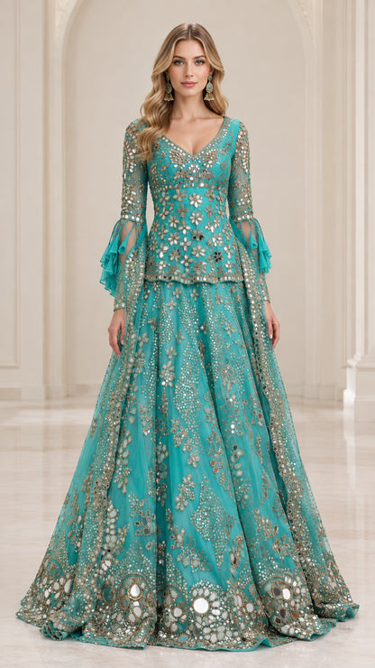 Front view of model wearing Teal embellished peplum maxi evening gown