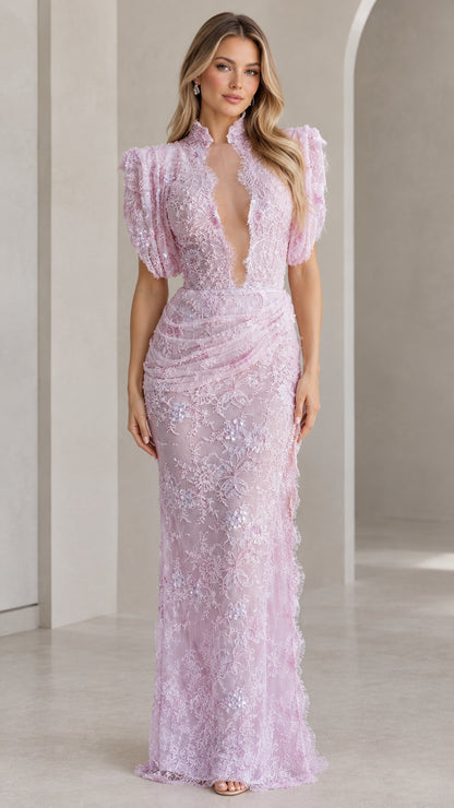 Front view of model wearing lavender floral lace puff sleeve maxi evening gown