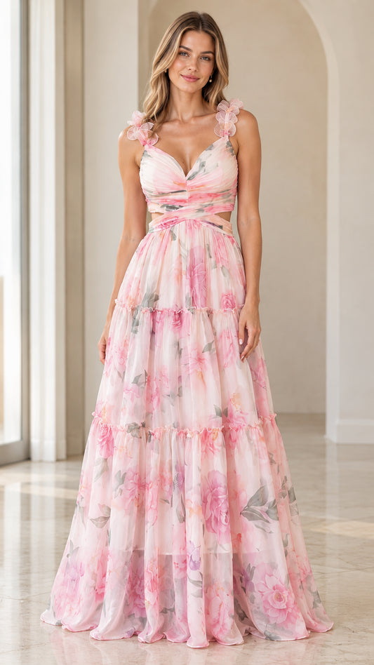 Front view of woman wearing pink floral cutout tiered maxi dress with 3D floral shoulder straps