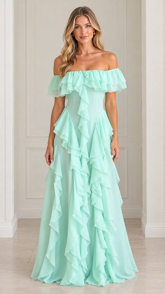 Front full-length view of woman wearing mint green off-the-shoulder tiered ruffle maxi gown