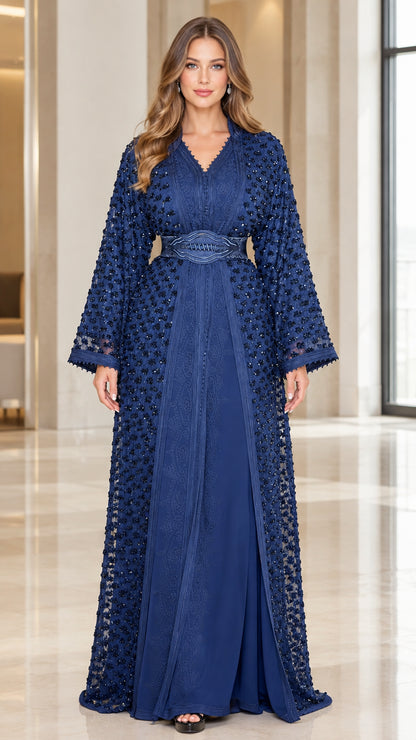 Front view of royal blue beaded lace kaftan maxi dress