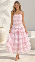 Front full view of woman wearing Light Pink tiered eyelet lace ruffle cami maxi dress