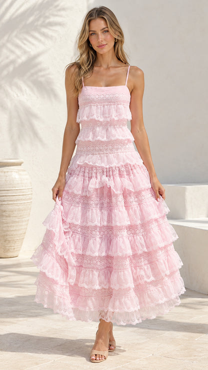 Front full view of woman wearing Light Pink tiered eyelet lace ruffle cami maxi dress