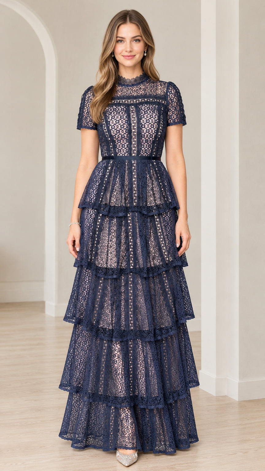 Front full-length view of model wearing Navy Blue short sleeve tiered lace maxi dress