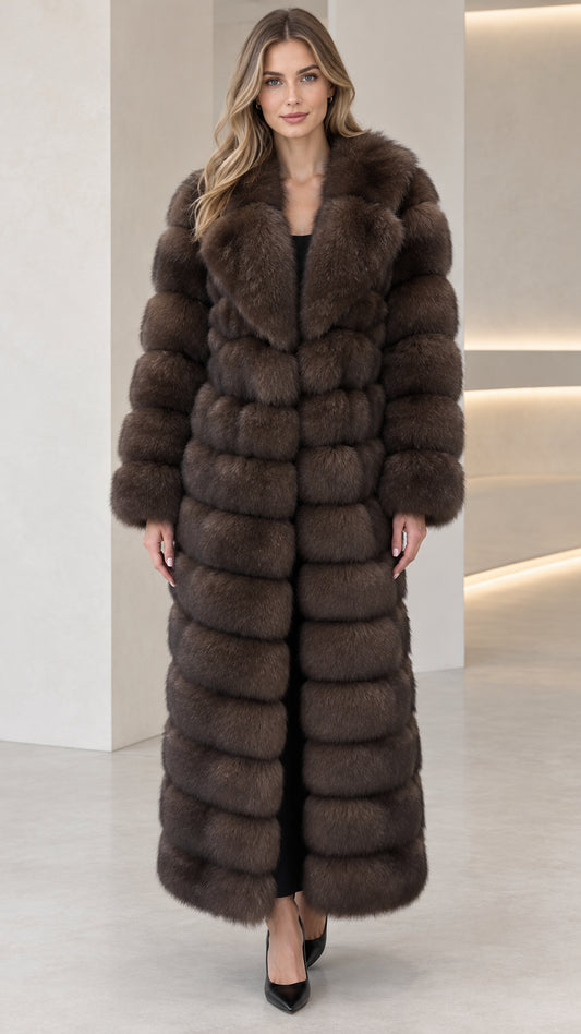 Full-length dark brown paneled faux fur maxi coat front view