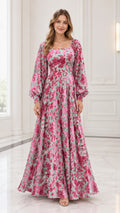 Front full view of square neck floral maxi dress in sage pink with lantern sleeves