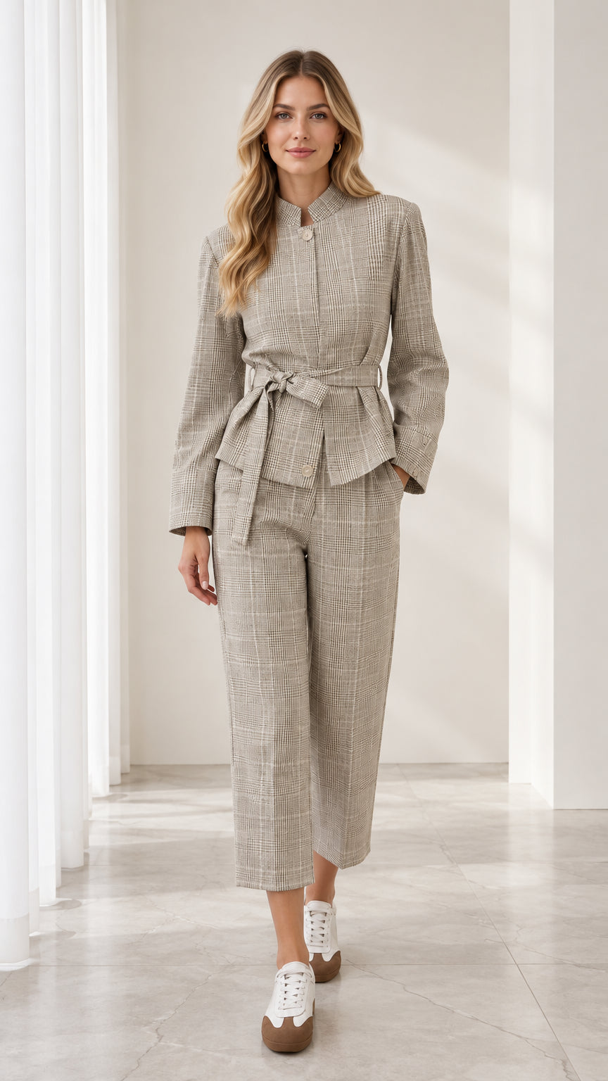 Front view of model wearing grey plaid mandarin collar belted jacket and cropped pants suit set