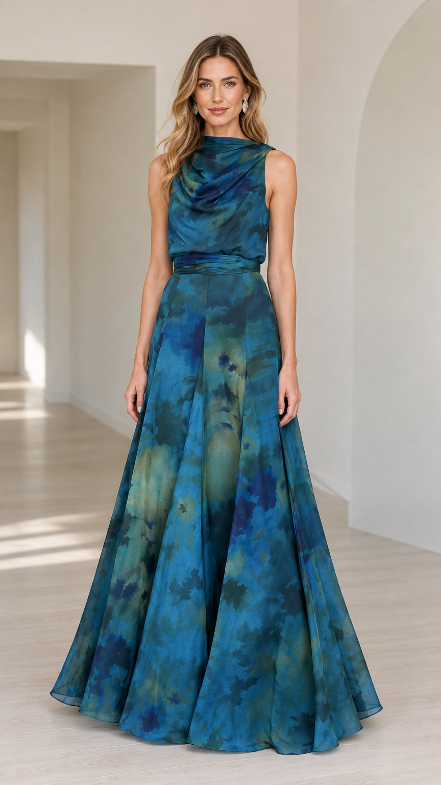 Front full-length view of woman wearing sleeveless teal blue watercolor print cowl neck maxi gown
