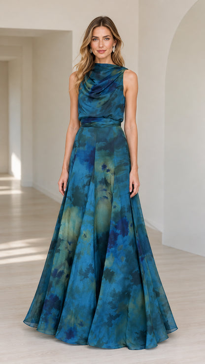 Front full-length view of woman wearing sleeveless teal blue watercolor print cowl neck maxi gown