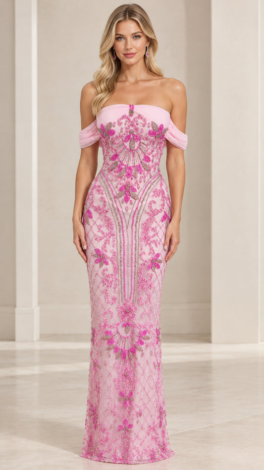 Front view of woman wearing pink off-the-shoulder beaded evening gown