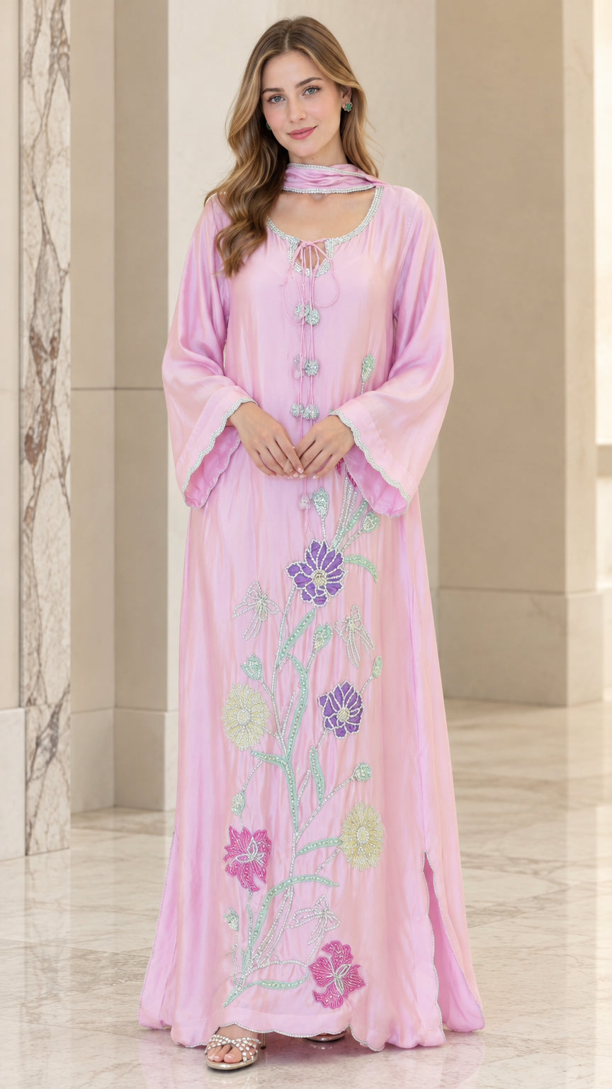 Front full view of woman wearing Light Pink beaded floral kaftan maxi dress with matching scarf