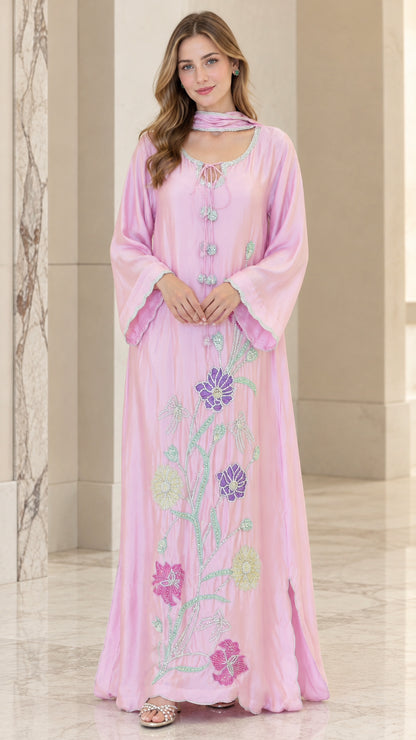 Front full view of woman wearing Light Pink beaded floral kaftan maxi dress with matching scarf