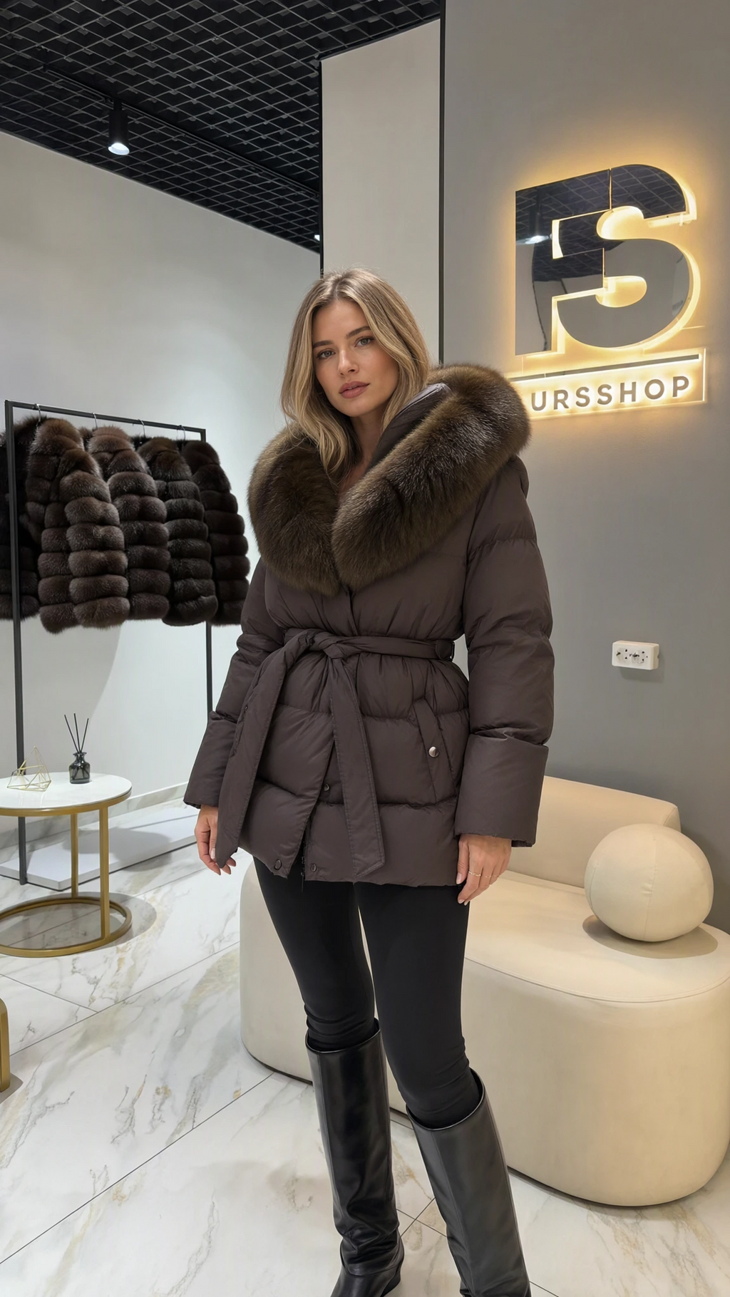 Front view of model wearing chocolate brown belted puffer coat with plush faux fur collar