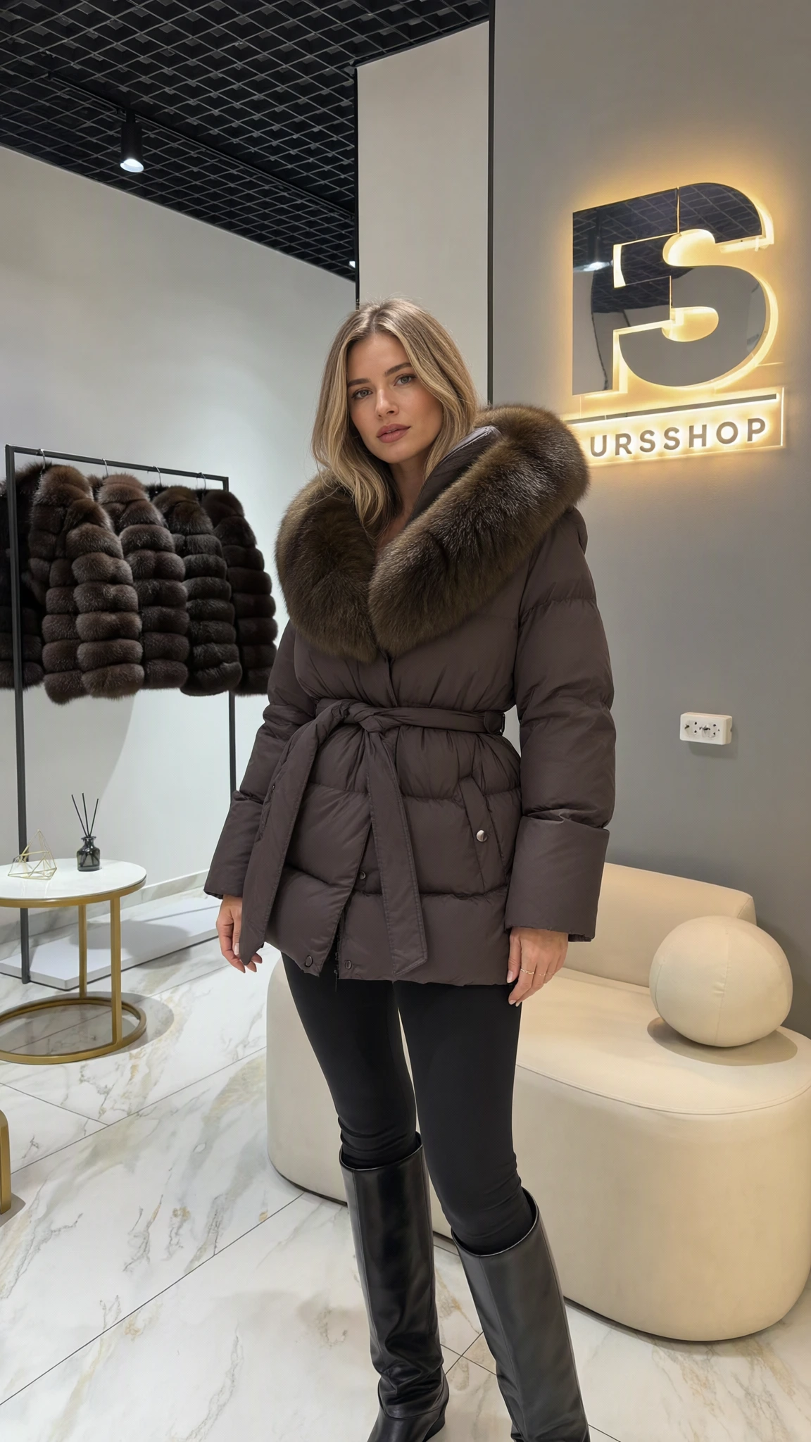 Front view of model wearing chocolate brown belted puffer coat with plush faux fur collar