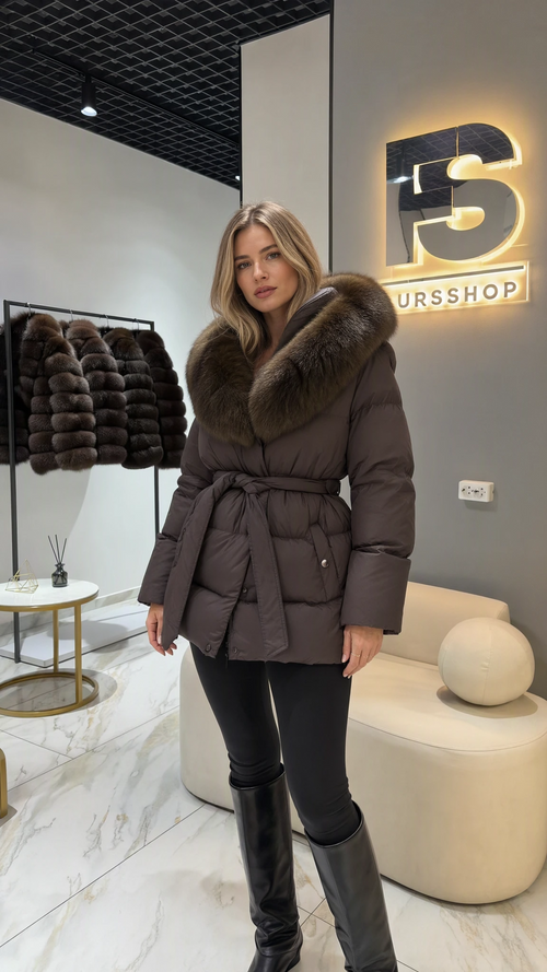 Front view of model wearing chocolate brown belted puffer coat with plush faux fur collar