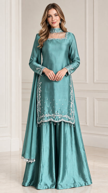 Front full-length view of woman wearing teal embroidered satin sharara suit set