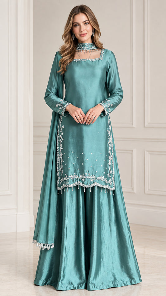 Front full-length view of woman wearing teal embroidered satin sharara suit set
