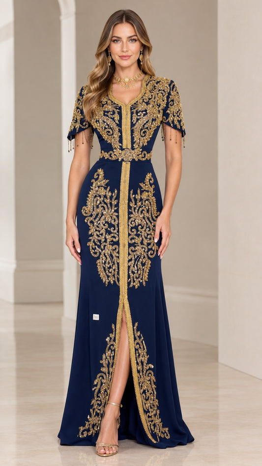 Front full-length view of navy blue caftan evening dress with gold embroidery and front slit
