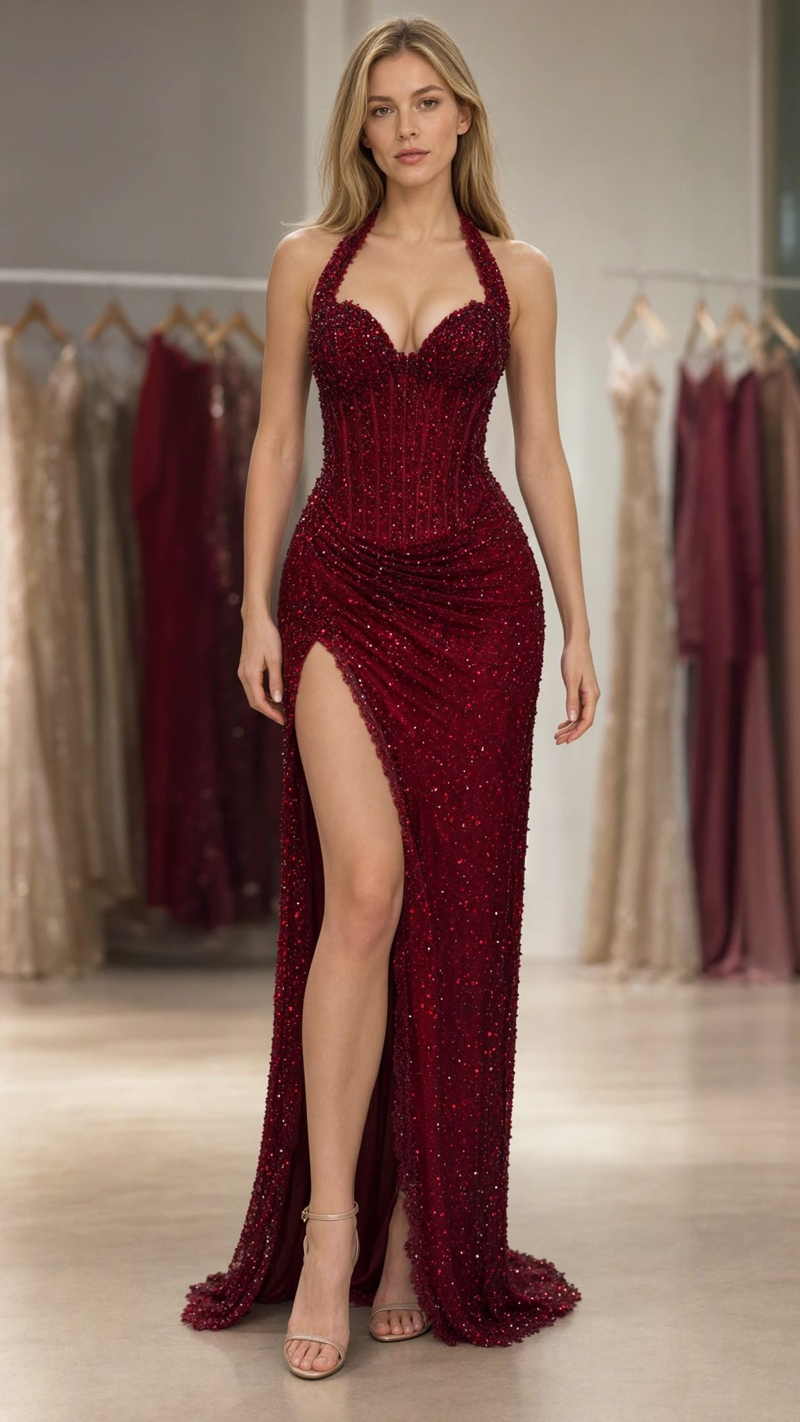 Model wearing Burgundy halter sweetheart glitter corset gown front view with high slit