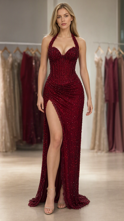 Model wearing Burgundy halter sweetheart glitter corset gown front view with high slit