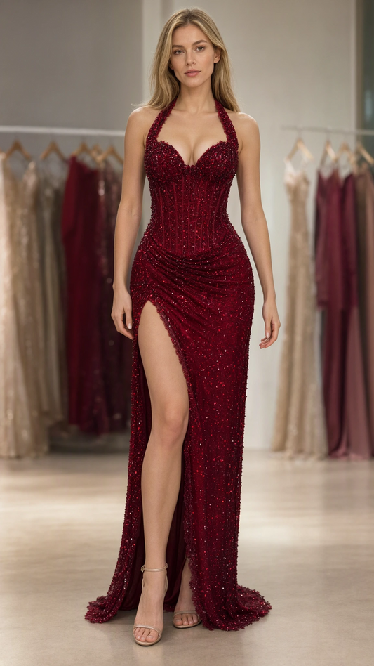 Model wearing Burgundy halter sweetheart glitter corset gown front view with high slit