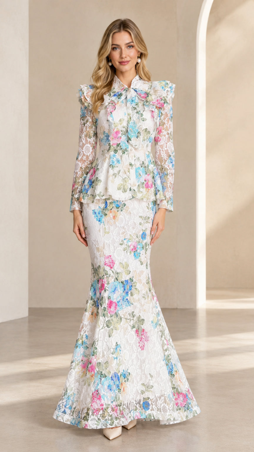 White floral lace peplum top and matching mermaid maxi skirt front view