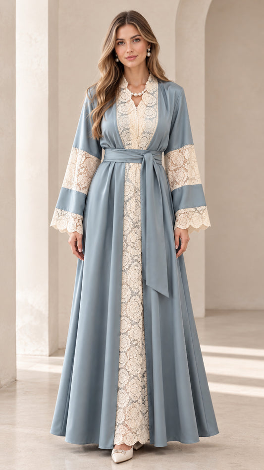 Front full view of woman wearing Dusty Blue lace panel maxi abaya dress with tie belt