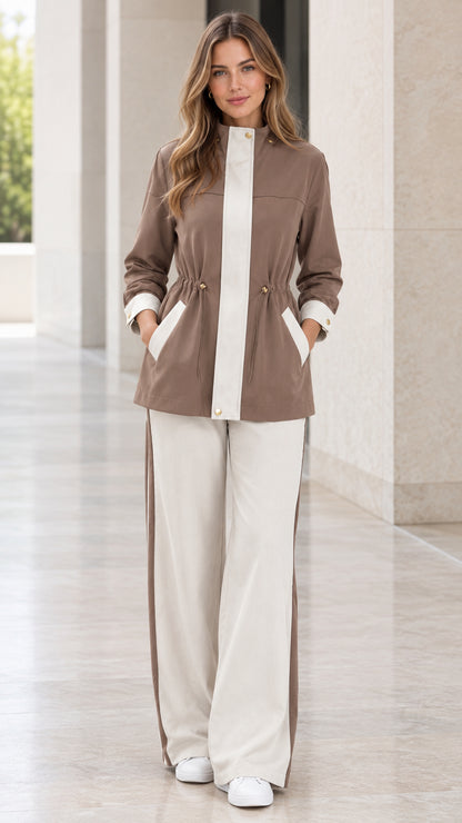 Front view of woman wearing Mocha contrast trim drawstring jacket and wide-leg pants set