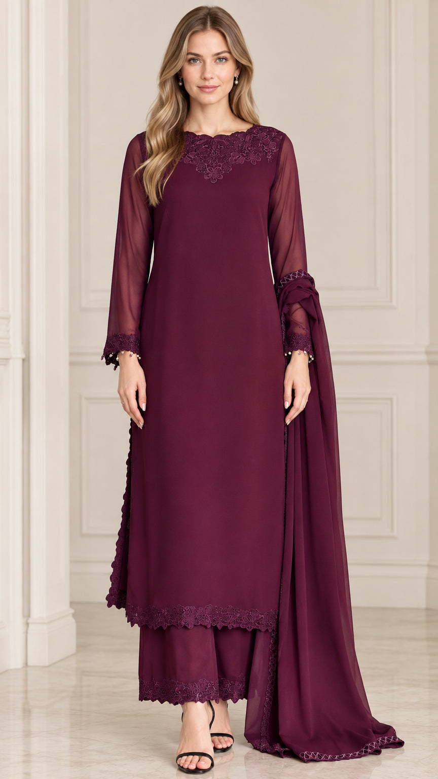 Burgundy embroidered chiffon 3-piece tunic and wide-leg pant set with scarf front view