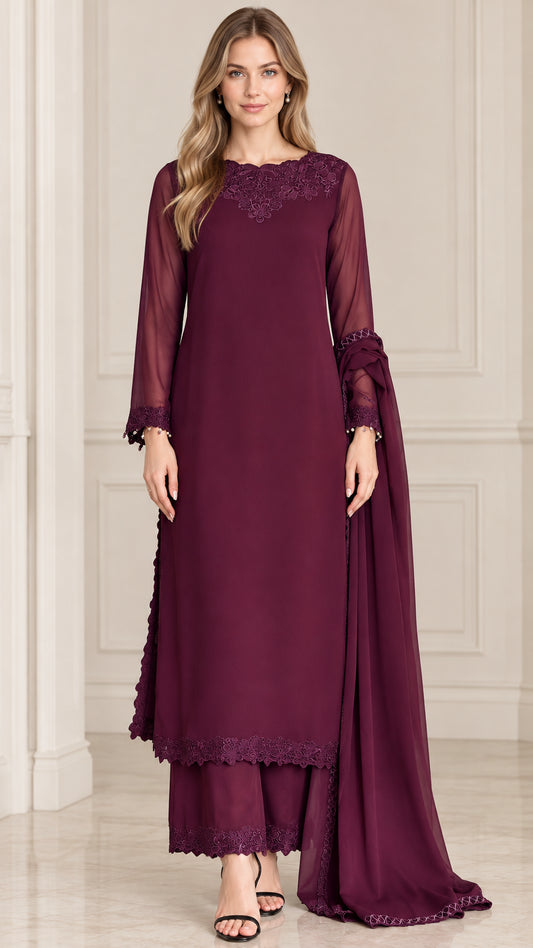 Burgundy embroidered chiffon 3-piece tunic and wide-leg pant set with scarf front view