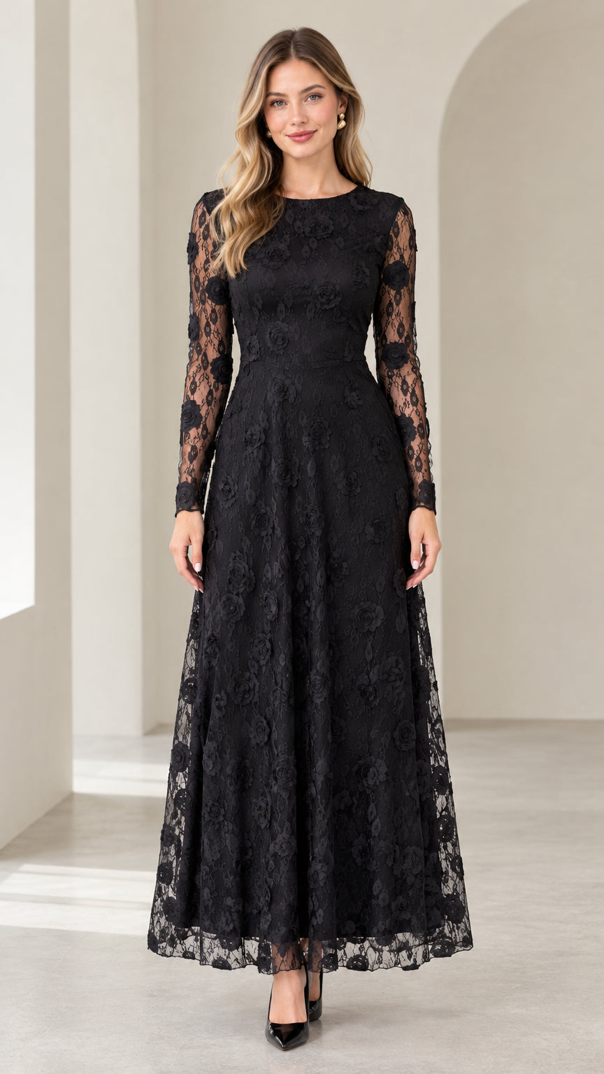 Front view of woman wearing long sleeve black floral lace maxi evening dress