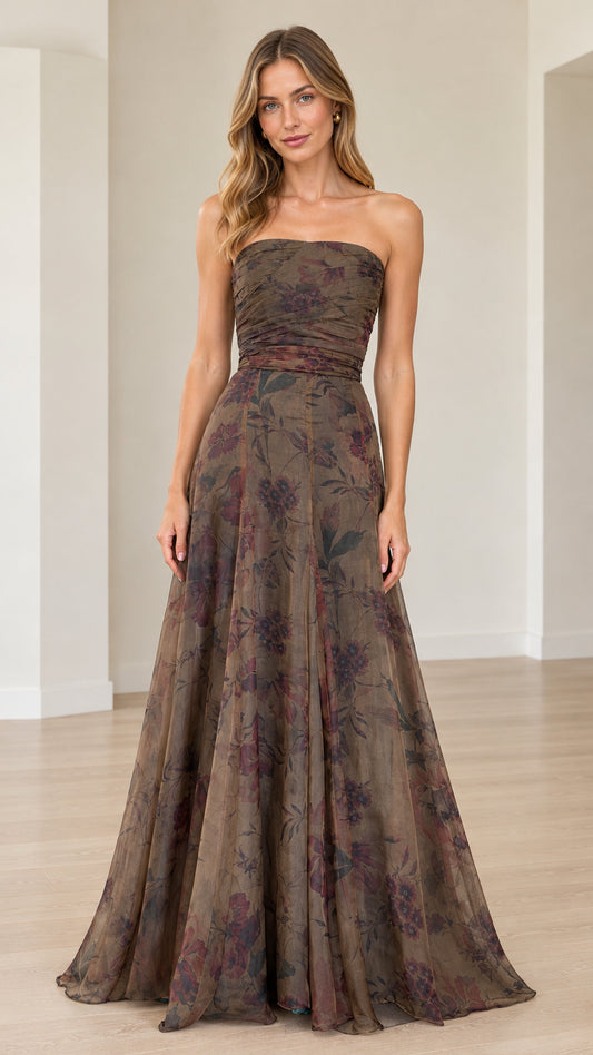 Full front view of strapless mocha floral chiffon maxi evening gown