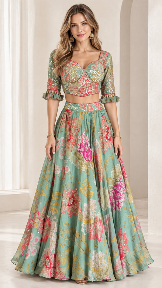 Front full view of woman wearing sage green floral print crop blouse and flared maxi skirt set