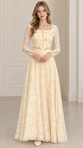 Front full-length view of model wearing butter yellow floral embroidered lace maxi dress