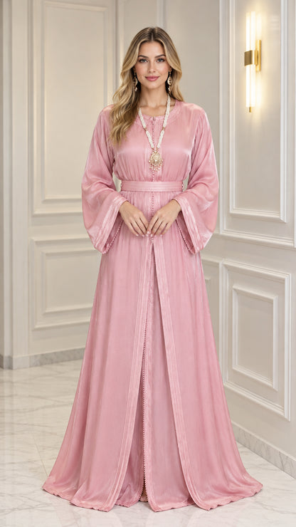 Front view of woman wearing Rose Pink embroidered trim satin kaftan maxi dress