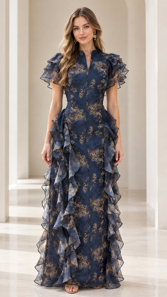 Front view of model wearing Navy Blue floral maxi evening gown with cascading ruffles