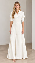 Front view of model wearing an Ivory White collared wide-leg maxi jumpsuit