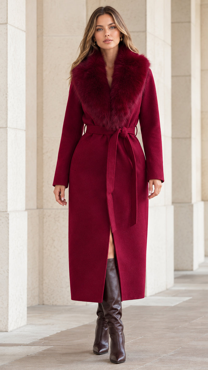 Front full-length view of woman wearing burgundy maxi coat with faux fur collar and waist tie