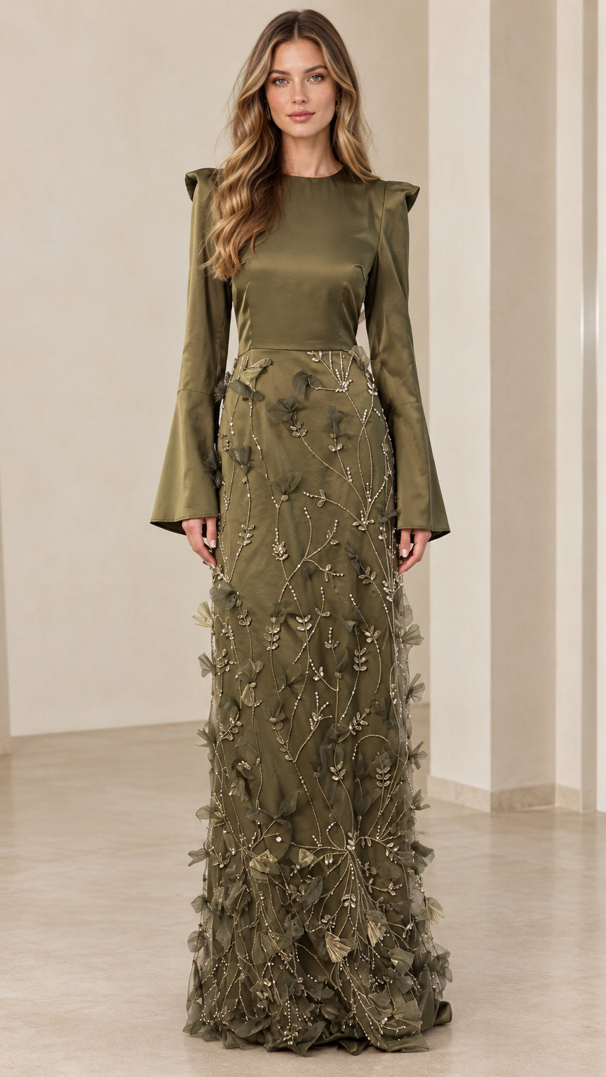 Front view of model wearing the Olive Green satin and 3D floral applique evening maxi dress