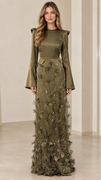 Front view of model wearing the Olive Green satin and 3D floral applique evening maxi dress
