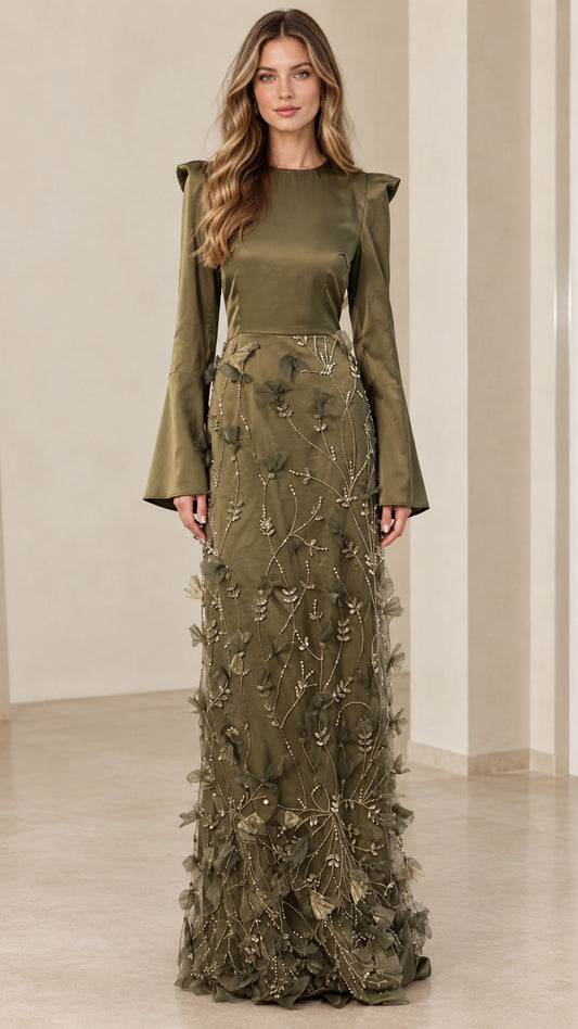 Front view of model wearing the Olive Green satin and 3D floral applique evening maxi dress