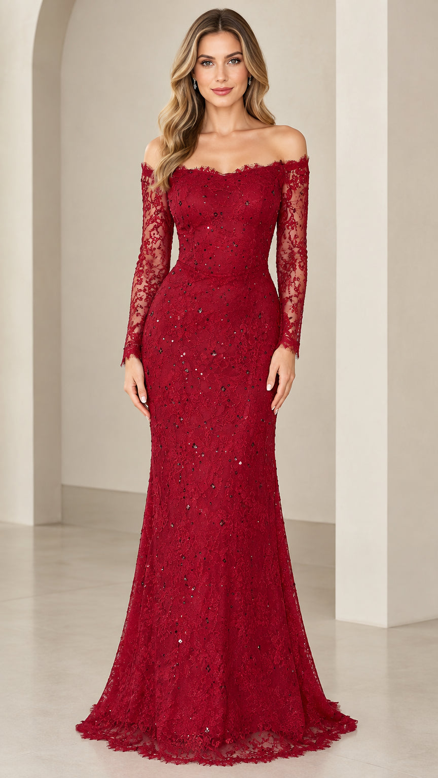 Front view of woman wearing burgundy off-the-shoulder long sleeve lace mermaid evening dress