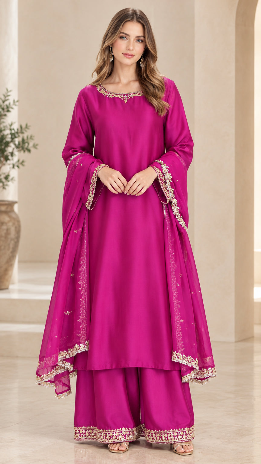 Front view of model wearing magenta embroidered kurta palazzo set with dupatta