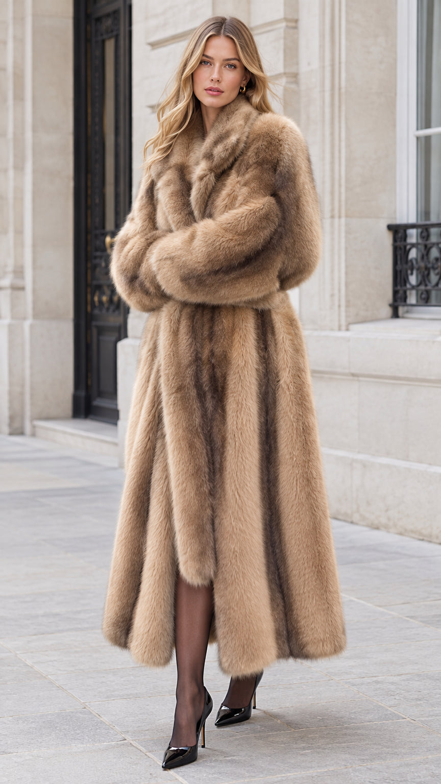 Front view of model wearing full-length plush faux fur belted maxi coat in camel brown
