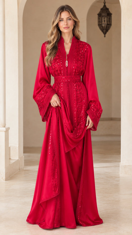 Full front view of model wearing red embroidered sequin belted kaftan maxi dress