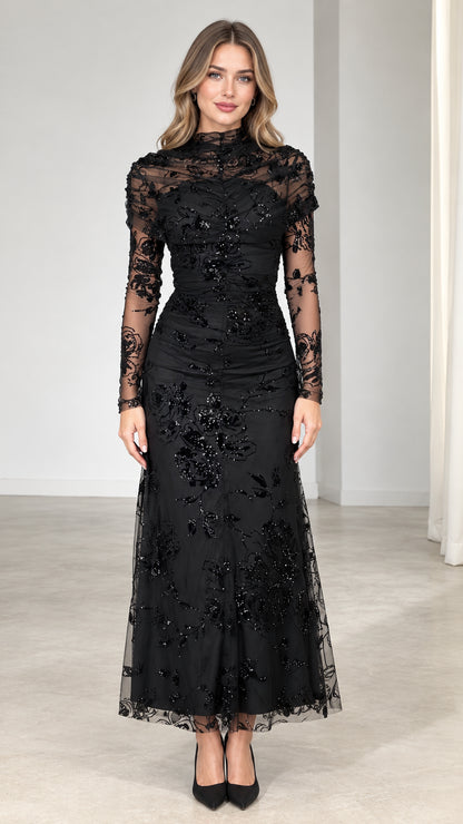 Front view of black floral sequin embroidered long sleeve maxi evening dress