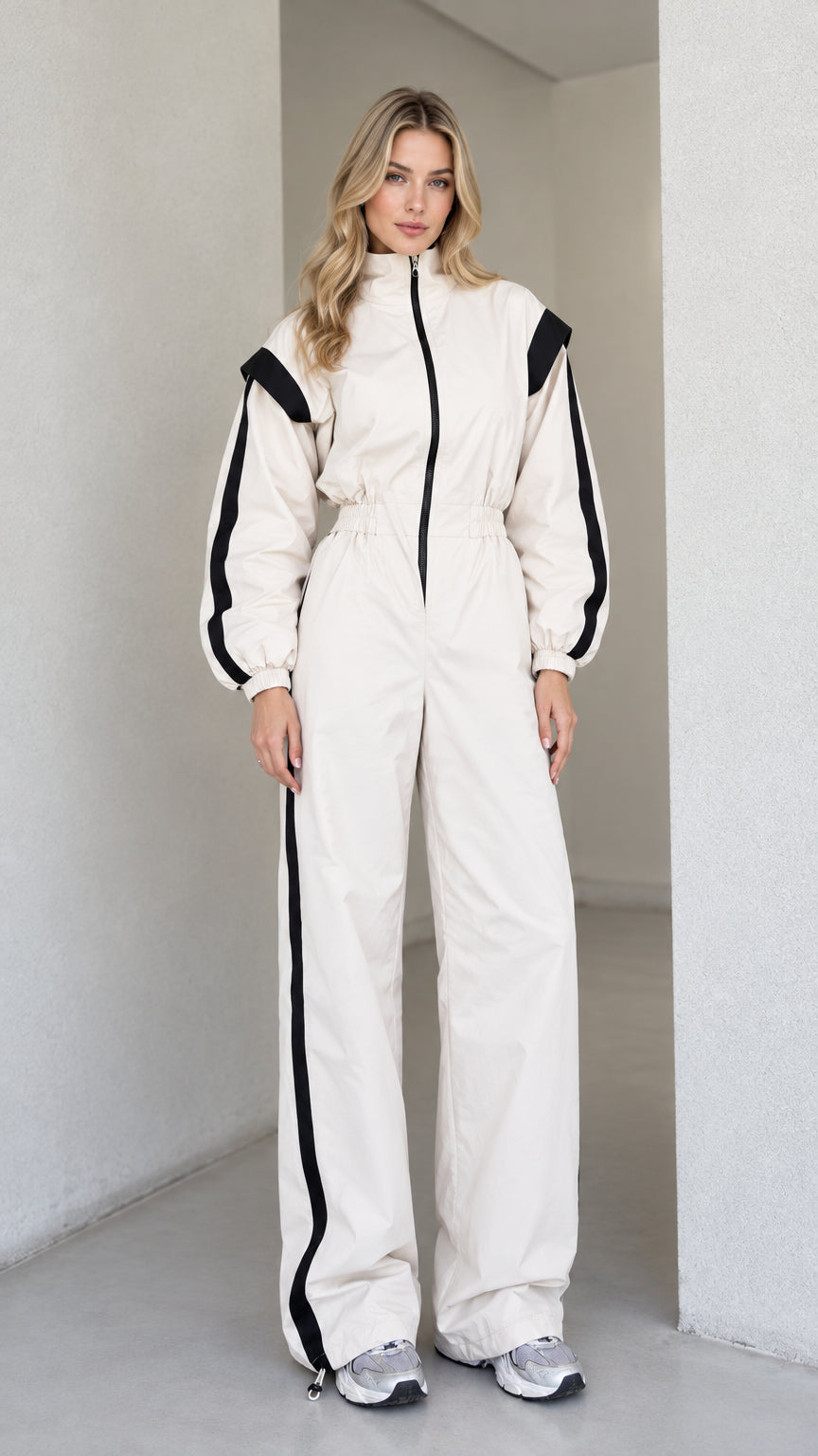 Full front view of women's cream sporty track jumpsuit with black side stripes
