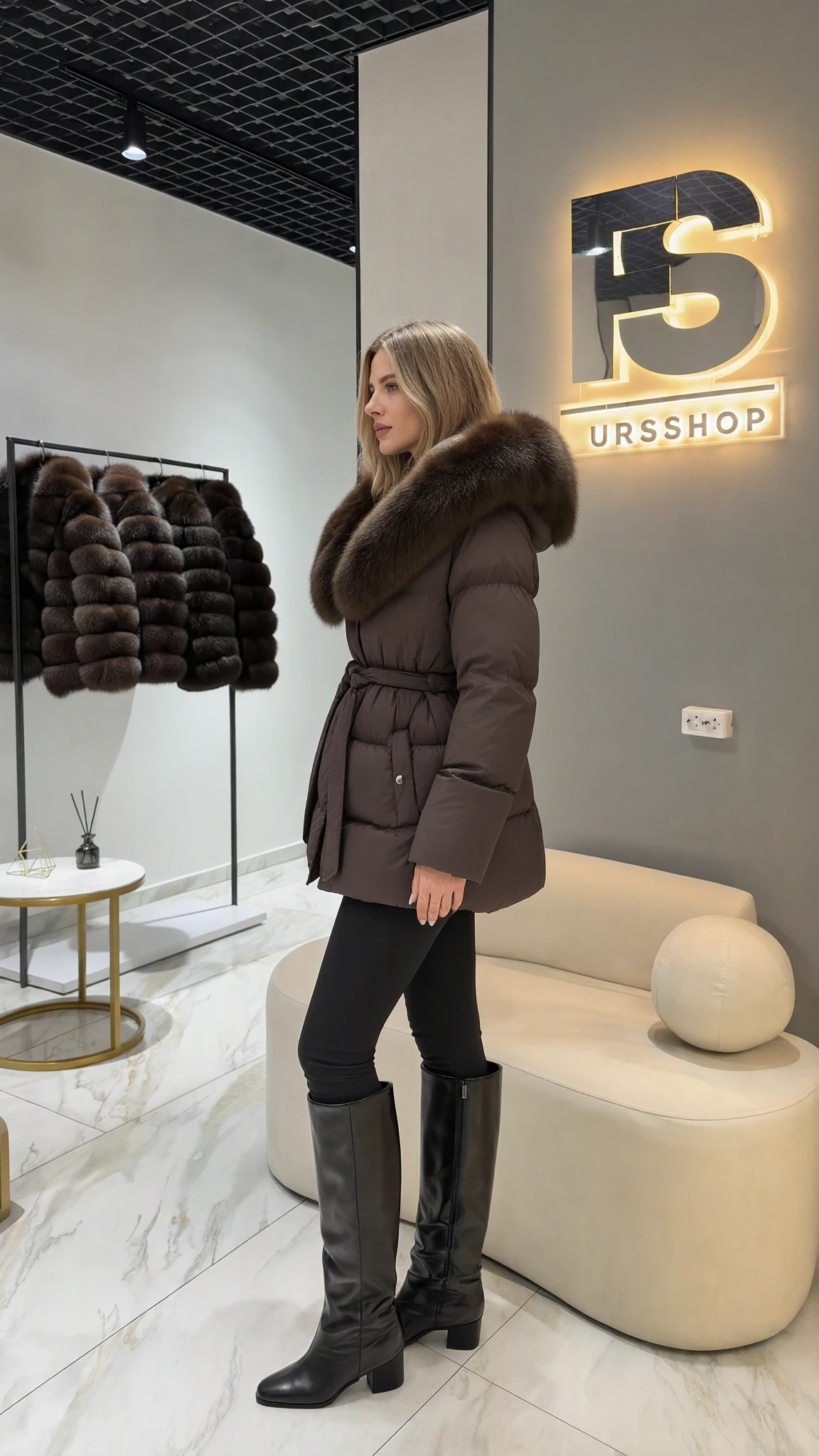 Side profile of model wearing brown quilted winter jacket with tie belt