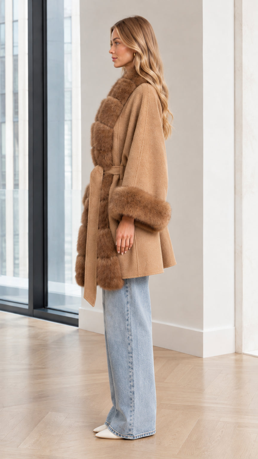 Side profile of model wearing Camel faux fur trim belted wrap coat