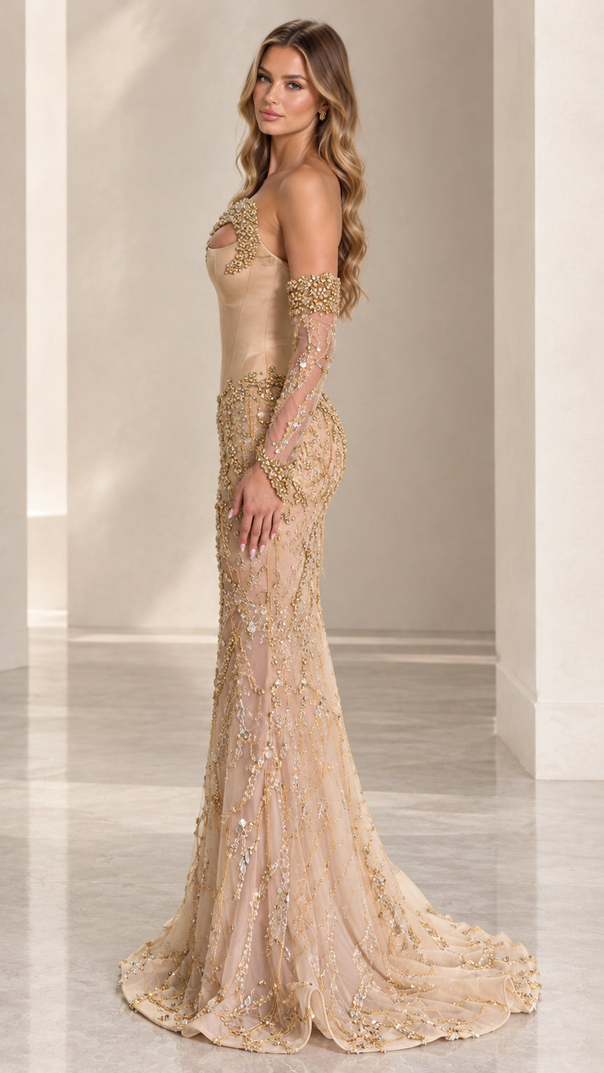 Side profile of champagne embellished mermaid formal dress showing silhouette